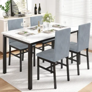 5 Piece Dining Room Table Set, Modern Dining Table Sets with Gray Velvet Upholstered Chairs
